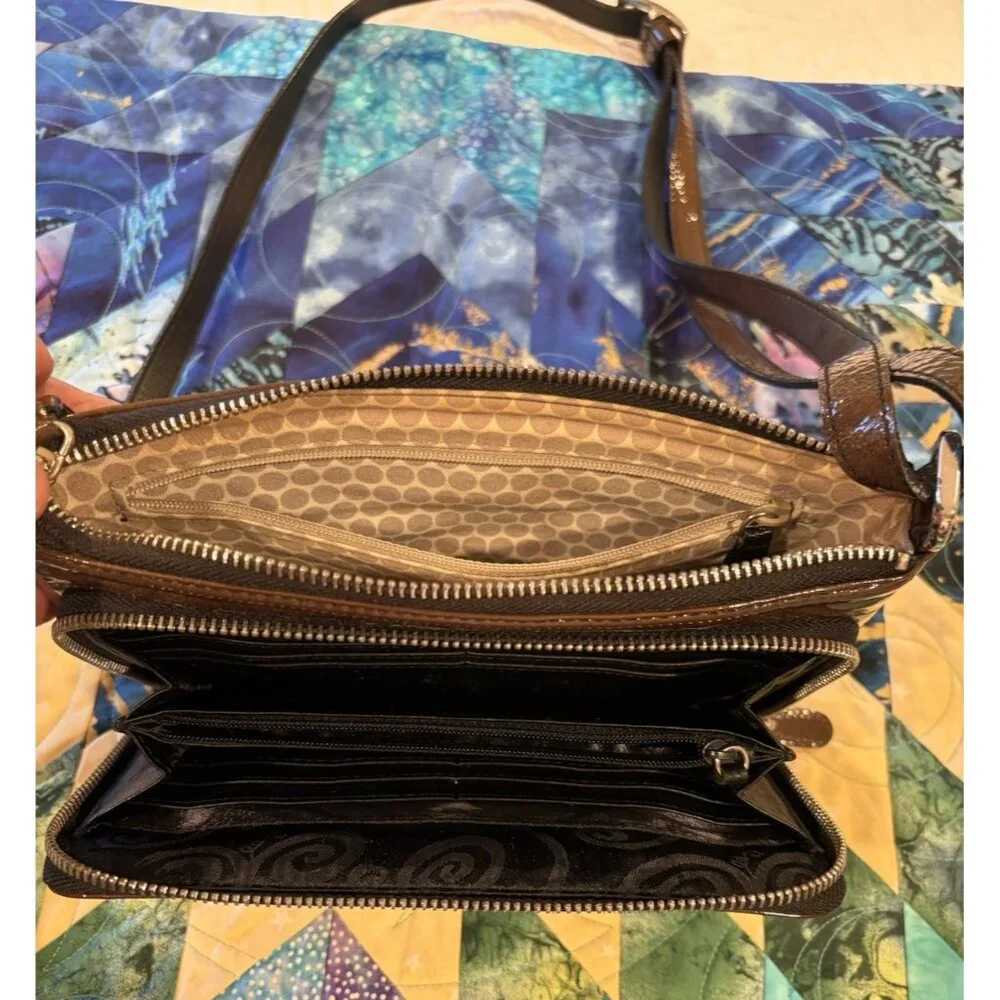 BRIGHTON Patent Leather Purse Olive Green Shoulder Bag Wallet Hobo Retro - Picture 5 of 16